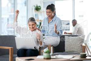 Theyre ecstatic to hear the good news. two businesswomen cheering while working together on a laptop in an office.
