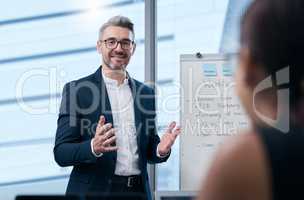 Framing his big ideas as a compelling story. a mature businessman giving a presentation to his colleagues in an office.