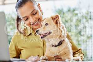 The best office companion. an attractive young businesswoman working on a laptop at home while her puppy keeps her company.