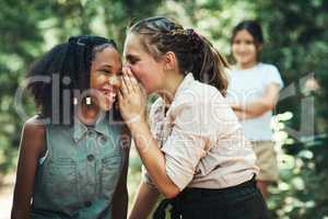 Beware the danger of bullying. two teenage girls gossiping about their friend at summer camp.