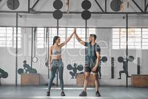 Fit, active and healthy sports athletes training together in gym workout room, living a strong wellness lifestyle. Male and female fitness instructors high five and smiles in physical exercise class