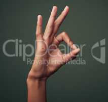 Youre an absolute 10. Studio shot of an unrecognisable woman making an okay gesture against a green background.