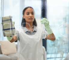 Cant have any dirty windows. a young woman cleaning a glass surface.