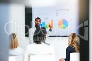 Education, training and learning on screen in business boardroom meeting to analyze data, charts or reports. Manager with team of executives in planning, brainstorm workshop and strategy presentation