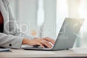 Closeup hands of manager typing on laptop, reviewing employee contracts or planning office schedule. Human resource professional, hiring boss or leader innovating team building exercise on technology