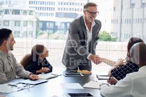 Start with nothing, build this empire, leaving a legacy. a mature businessman and a businesswoman shaking hands during a meeting in a modern office.