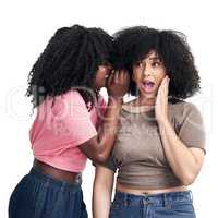 So heres the juice... Studio shot of a young woman whispering in her friends ear against a white background.