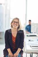 Smiling face of a businesswoman, HR professional or corporate worker in a modern office. A happy portrait of human resources manager in administration at corporate company with background copy space