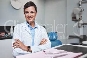 I promise a pain free and positive experience. Portrait of a confident young woman working in a dentists office.