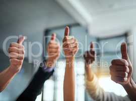 Closeup of business people showing thumbs up hand sign in a modern office. Diverse group of colleagues show positive emoji in support of success. Crowd of employees celebrate team performance.