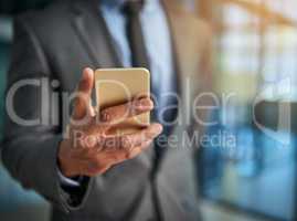 Business, phone and hand of a professional man typing a message, browsing online and using a mobile app to communicate. Closeup of male entrepreneur using internet and social media for marketing