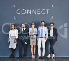 Success, teamwork and united community pose of business workers standing together. Modern global office team feeling confident and connected. Group of diverse staff posing with copyspace background