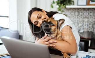 A house is never lonely where a loving dog waits. a young woman sitting with her pet dog on her lap while working from home.