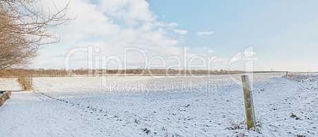 Wintertime - countryside in Denmark. Winter landscape on a sunny day with blue sky.