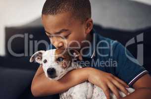 Asked for a brother, got a best friend instead. an adorable little boy playing with his pet dog on the bed at home.