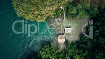 Home of the finest fishermen in the world. High angle shot of a built fishing structure floating in the middle of the ocean called a kelong.