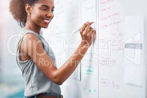 African businesswoman and project manager planning a marketing strategy and brainstorming ideas on a whiteboard for her presentation. Black entrepreneur creating schedule and plan for success