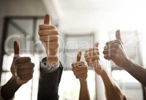 Teamwork, collaboration and thumbs up sign from diverse businesspeople approving and endorsing positive message. Closeup hands of a multiracial team recommend and showing support for good service