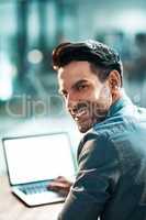 Creating entrepreneur browsing on laptop, searching and reading client or customer emails on office technology. Portrait of smiling, confident and ambitious business man working on startup company