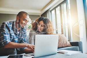 Finance, budget and ebanking couple working on laptop looking happy and hopeful about savings, investment and insurance. Boyfriend and girlfriend planning financial future lifestyle together at home
