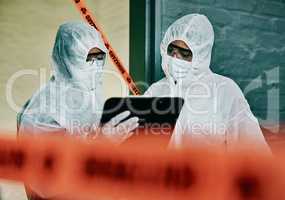 Covid, corona virus and outbreak healthcare workers inspecting contamination on site with red tape, protective mask and clipboard. Medical doctor or scientist working together during pandemic crisis