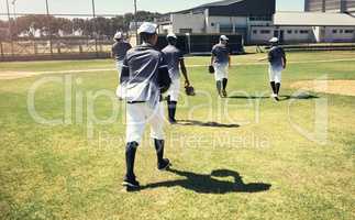 The long walk to the locker room. Rearview shot of a group of young men walking onto a baseball field.