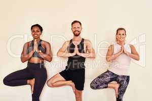 Experience the now with yoga. a group of young men and women practicing the tree pose during a yoga session.