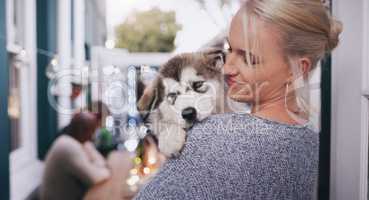 Its impossible not to pick him up for a cuddle. young woman cuddling her adorable husky puppy during a social gathering at home.