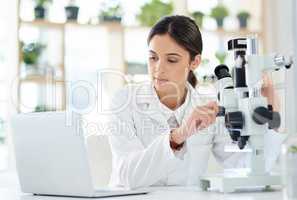 She found something on line that supports her theory. a young scientist using a laptop and microscope in a lab.