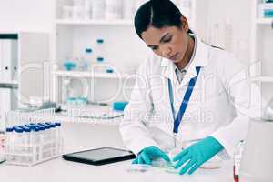 Her focus is on the experiment. an attractive young female scientist conducting an experiment in a laboratory.