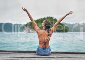 In the end, we only regret vacations not taken. Rearview shot of an unrecognizable woman sitting with her arms raised on a boardwalk overlooking the sea during vacation.