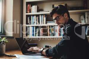 Theres no substitute for hard work in business. a handsome young businessman working on a laptop in his office at home.