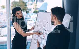 We cannot drop in profits again. an attractive young businesswoman standing and using a white board to present data to her male colleague.