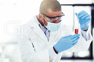 Curious, serious and thinking scientist with test tube solution and examining marburg virus, covid or monkeypox. Healthcare biologist checking breakthrough dna mutation in laboratory medical research