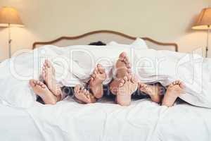 Carefree days are simply the best. a familys feet peeking out from a blanket at home.