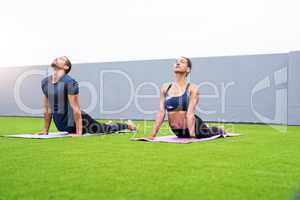 Channel calmness into your soul. a young man and woman practising yoga together outdoors.