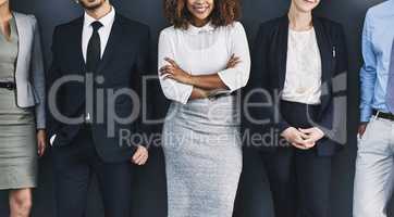 Group of corporate business people standing against a wall, to voice their opinion. Team of many work colleagues in line wearing formal suit for interview. Executive employees together at company