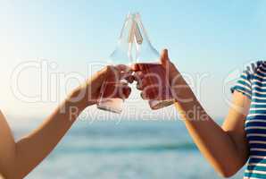 Cheers to great friendships. two unrecognizable young women celebrating and having a drink together on the beach during the day.