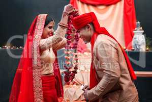 This ceremony is the meeting of two souls. a young hindu couple on their wedding day.