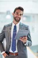 Only the hardworking survive the climb to the top. Portrait of a young businessman using a digital tablet in an office.