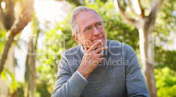 Things could have definitely turned out better. a senior man looking thoughtful at the park.