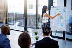 Shes pointing out a few areas she wants to combat. a young businesswoman giving a demonstration on a white board to her colleagues in a modern office.