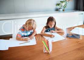 Theyre going to rewrite history one day. two adorable young children doing their homework together at home.