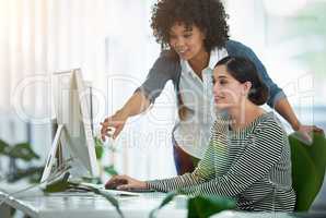 Teaching, training and showing a new employee or intern how business is done as a manager, boss or supervisor. Human resources executive working with a potential hire on a computer in the office