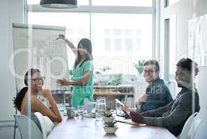 Leader writing, planning strategy on whiteboard and thinking of ideas to market, promote or advertise startup. Portrait of diverse meeting creatives with vision in presentation, training and workshop