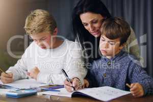 Parents make the best teachers. a mother helping her sons with their homework.