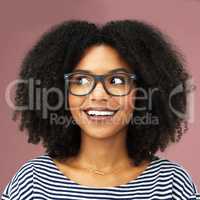 I have the best idea... a beautiful young woman posing with reading glasses against a pink background.