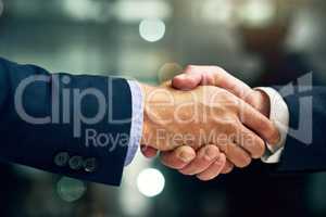 Business people giving handshake, congratulating on success and networking at work. Closeup of a professional corporate manager, boss or ceo hiring new employee, making deals and giving promotion
