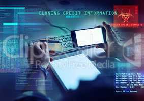 Cyber security, hacking and credit card fraud with cgi, special effects and digital overlay of the hands of a man cloning a bank account and stealing money, finance or information from an online fund
