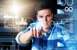 Programmer or engineer working with CGI graphic of data, graphs and charts. Portrait face of an information technology software designer showing business marketing growth, development and innovation